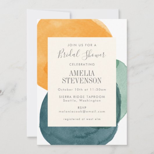 抽象芸術水彩ティール（緑がかった色）黄ブライダルシャワー 招待状 (正面)