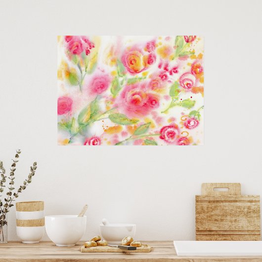 抽象芸術水彩バラ ポスター (キッチン)