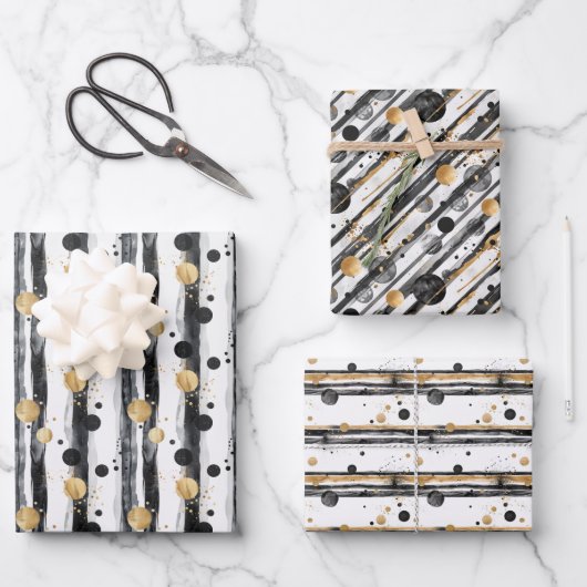 抽象芸術水彩パターン(金ゴールドアクセント付) ラッピングペーパーシート (正面)