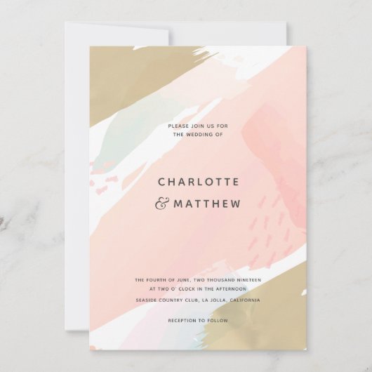 抽象芸術水彩ピンクのブラシストローク結婚の 招待状 (正面)