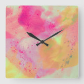 抽象芸術水彩ピンクイエローパープル スクエア壁時計 (正面)