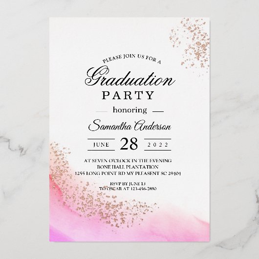 抽象芸術水彩ピンクブラシストローク&ローズゴールド 箔招待状 (正面)