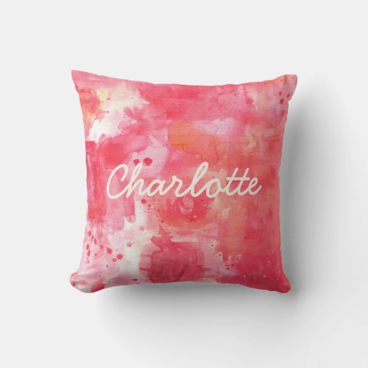 抽象芸術水彩ピンク名前をカスタムする クッション (正面)