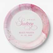 抽象芸術水彩ピンク金ゴールドSweet sixteen ペーパープレート (正面)