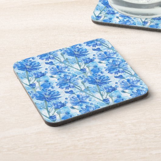 抽象芸術水彩ブルーと白の花 コースター (左側)
