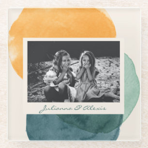 抽象芸術水彩図形ティール（緑がかった色）青い写真名 ガラスコースター