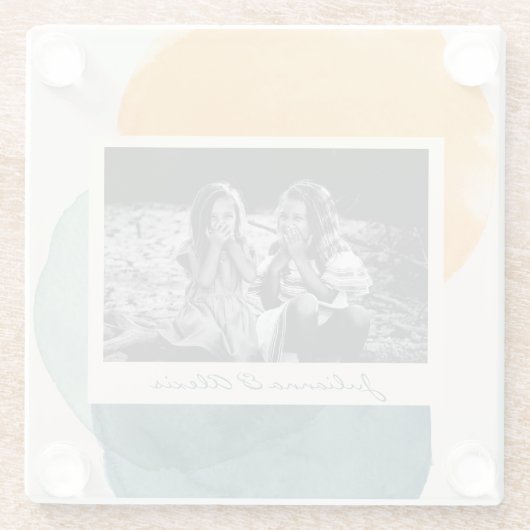 抽象芸術水彩図形ティール（緑がかった色）青い写真名 ガラスコースター (裏面)