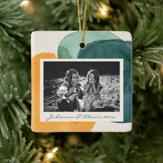 抽象芸術水彩図形ティール(緑がかった色)青い写真名 セラミックオーナメント (ツリー)