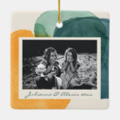 抽象芸術水彩図形ティール(緑がかった色)青い写真名 セラミックオーナメント (裏面)