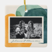 抽象芸術水彩図形ティール(緑がかった色)青い写真名 セラミックオーナメント (正面)