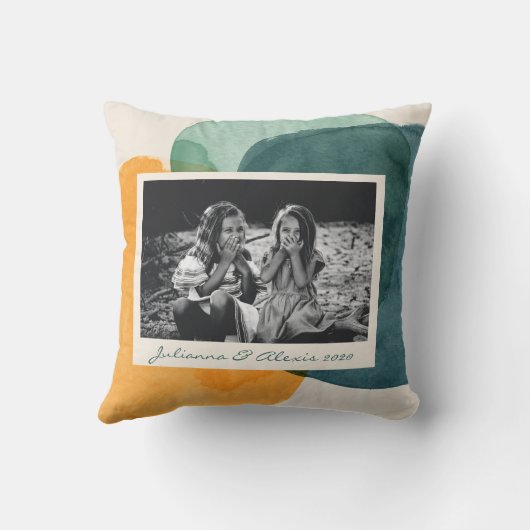 抽象芸術水彩図形ティール（緑がかった色）青カスタムい写真 クッション (裏面)