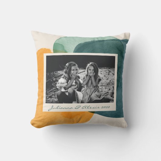 抽象芸術水彩図形ティール（緑がかった色）青カスタムい写真 クッション (正面)