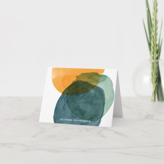 抽象芸術水彩図形ティール(緑がかった色)青パーソナライズされた ノートカード (正面)