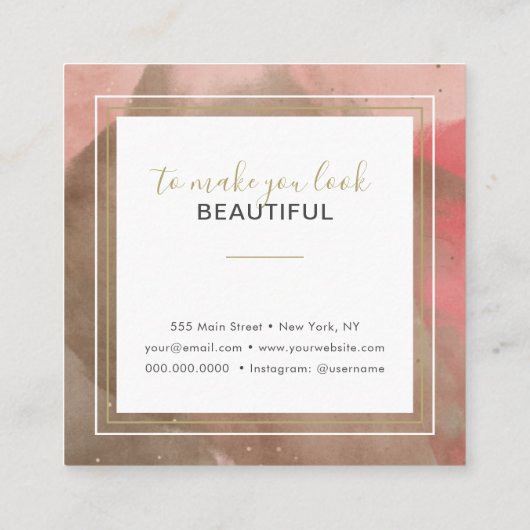 抽象芸術水彩桃色と金ゴールドメイクアップアーティスト スクエア名刺 (裏面)