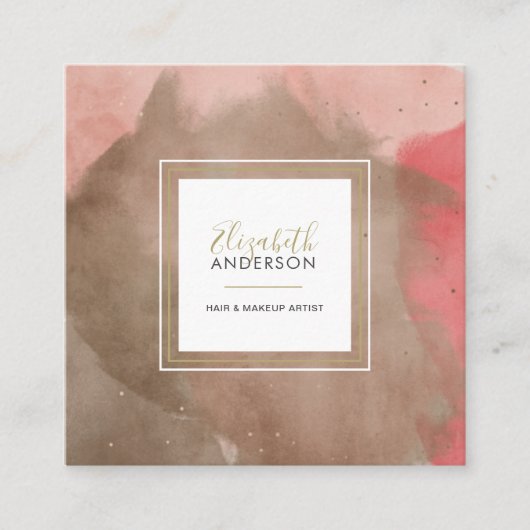 抽象芸術水彩桃色と金ゴールドメイクアップアーティスト スクエア名刺 (正面)