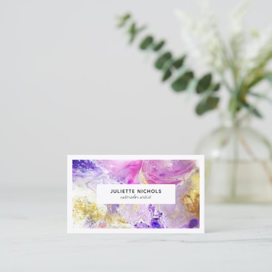 抽象芸術水彩桃色アート紫金ゴールド作家 名刺 (スタンド正面)