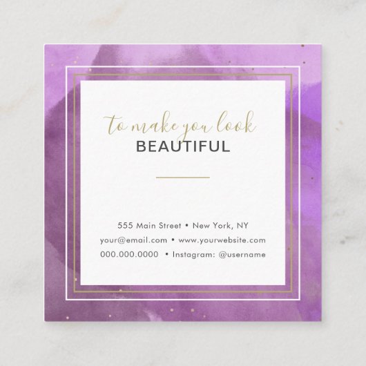抽象芸術水彩紫と金ゴールドメイクアップアーティスト スクエア名刺 (裏面)