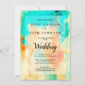 抽象芸術水彩結婚式招待状ティール（緑がかった色）オレンジ 招待状 (正面)