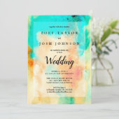 抽象芸術水彩結婚式招待状ティール（緑がかった色）オレンジ 招待状 (スタンド正面)