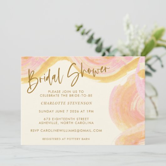 抽象芸術水彩絵を描渦ピンクブライダルシャワー 招待状 (スタンド正面)