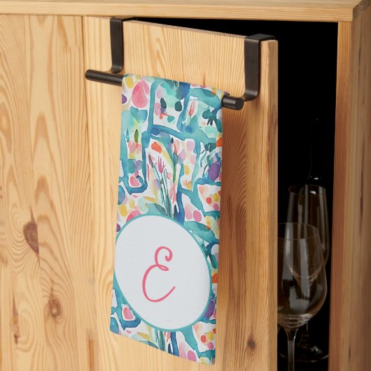 抽象芸術水彩花模様モングラム キッチンタオル (三つ折り)