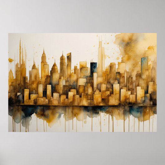 抽象芸術水絵画色の金ゴールド街並み3:2 ポスター (正面)