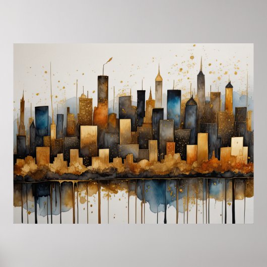 抽象芸術水絵画色の金ゴールド街並み4:3 ポスター (正面)