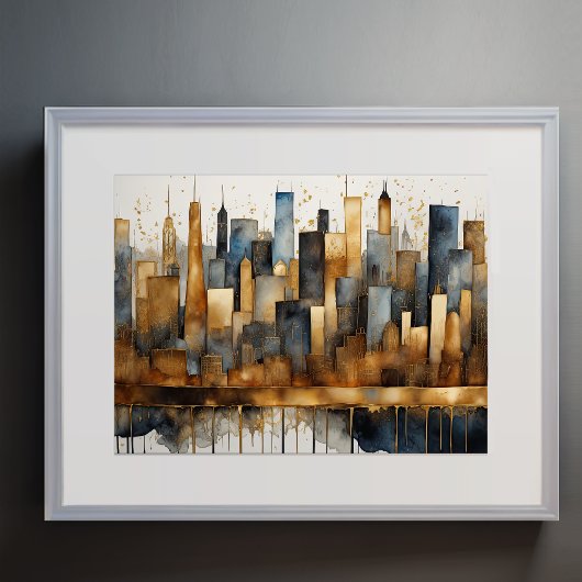 抽象芸術水絵画色の金ゴールド街並み4:3 ポスター