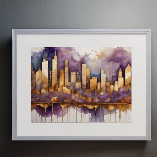 抽象芸術水絵画色の金ゴールド街並み4:3 ポスター