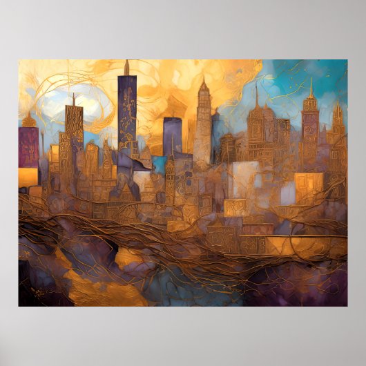抽象芸術水絵画色の金ゴールド街並み4:3 ポスター (正面)