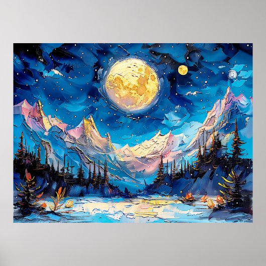 抽象芸術水色の満月のイラストレーション ポスター (正面)