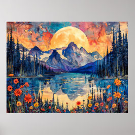 抽象芸術水色の満月のイラストレーション ポスター