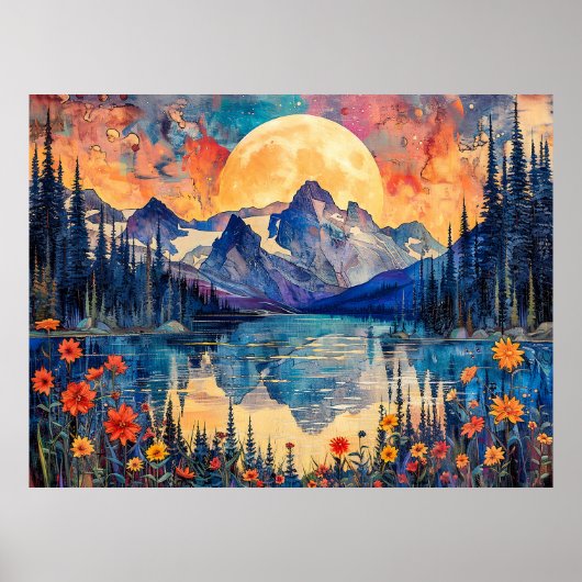 抽象芸術水色の満月のイラストレーション ポスター (正面)