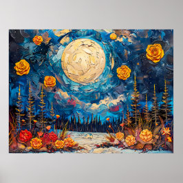 抽象芸術水色の満月のイラストレーション ポスター