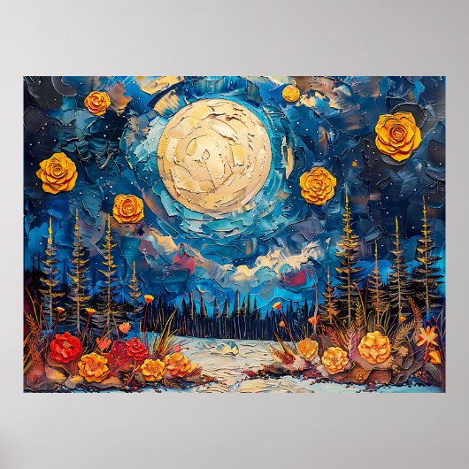 抽象芸術水色の満月のイラストレーション ポスター (正面)