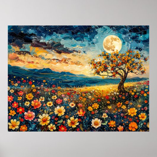 抽象芸術水色の満月のイラストレーション ポスター (正面)