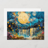 抽象芸術水色の満月のイラストレーション ポストカード (正面/裏面)