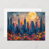 抽象芸術水色の満月のイラストレーション ポストカード (正面/裏面)