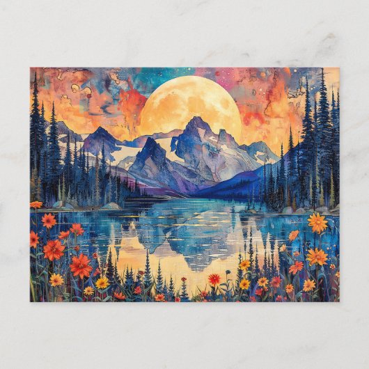 抽象芸術水色の満月のイラストレーション ポストカード (正面)