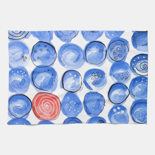 抽象芸術水色の青いドット キッチンタオル (横)