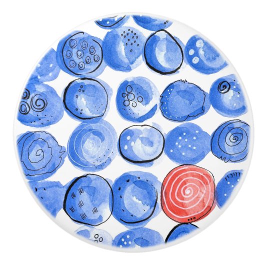 抽象芸術水色の青いドット セラミックノブ (正面)