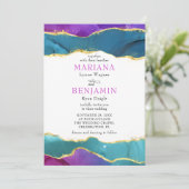 抽象芸術水色インク明るい赤紫色ピンクティール(緑がかった色)金ゴールドInv 招待状 (スタンド正面)