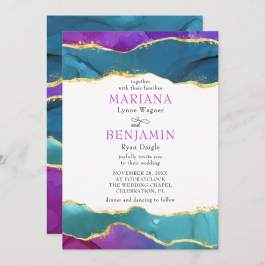 抽象芸術水色インク明るい赤紫色ピンクティール(緑がかった色)金ゴールドInv 招待状 (正面/裏面)