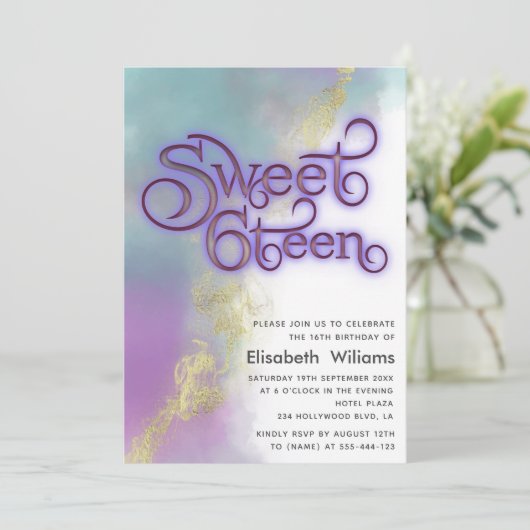 抽象芸術水色インク金ゴールドモダンタイポグラフィ 招待状 (スタンド正面)