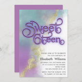 抽象芸術水色インク金ゴールドモダンタイポグラフィ 招待状 (正面/裏面)