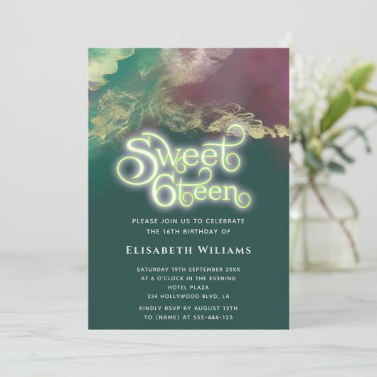 抽象芸術水色インク金ゴールドモダンタイポグラフィ 招待状 (スタンド正面)