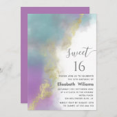 抽象芸術水色インク金ゴールドモダン書 招待状 (正面/裏面)