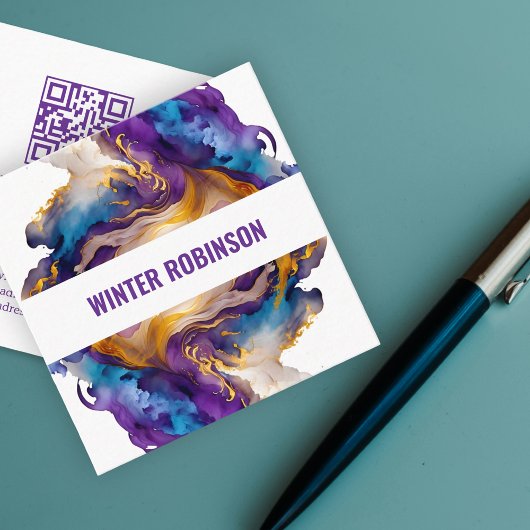 抽象芸術水色インクQRコード スクエア名刺