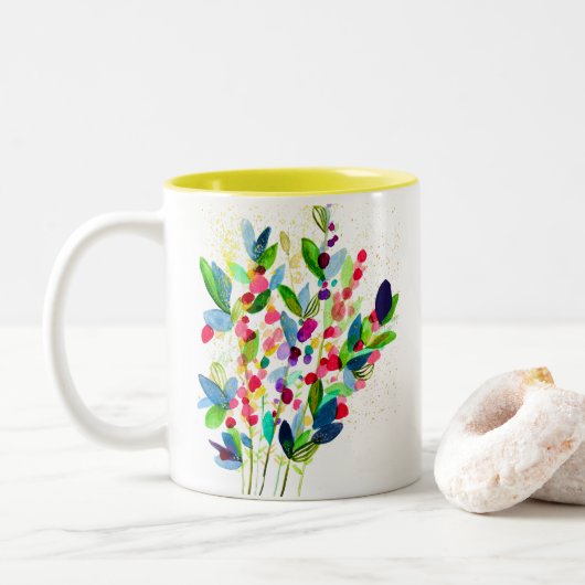 抽象芸術水色カラフルフローラ ツートーンマグカップ (ドーナツ)