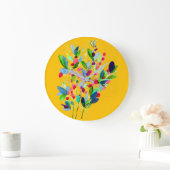 抽象芸術水色カラフルフローラ ラージ壁時計 (ホーム)